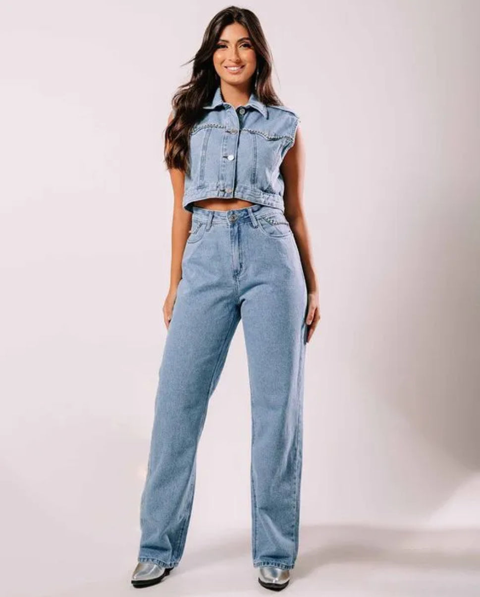Calça jeans wide leg cintura alta