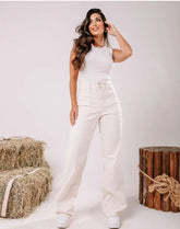Calça jeans off white wide leg botão duplo